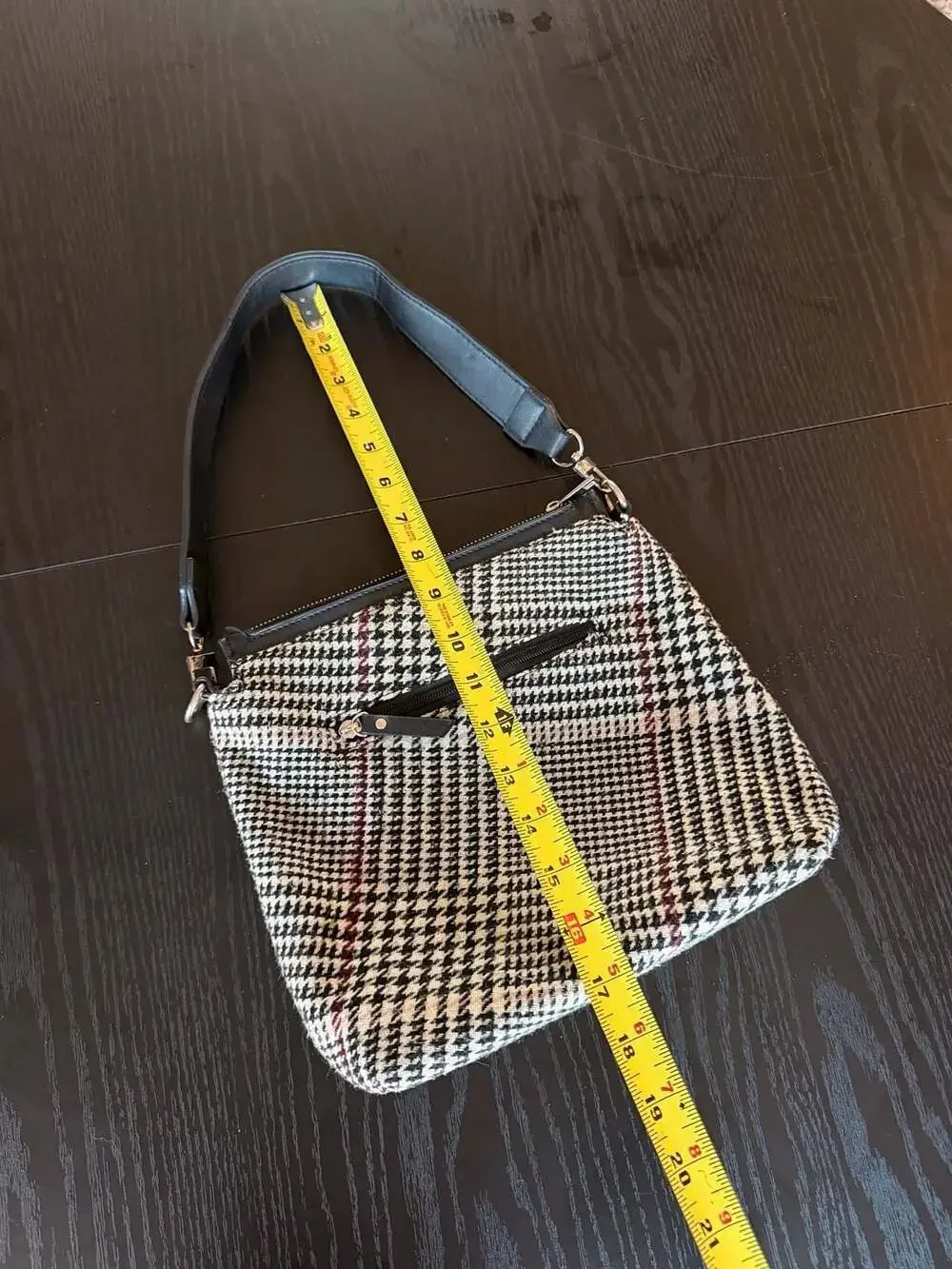 Vintage Plaid Houndstooth Shoulder Bag with Black Leather-like Trim